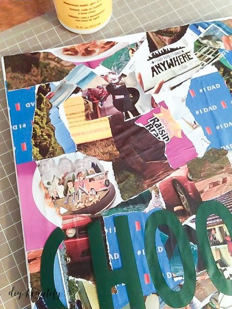 Canvas with torn magazine pieces | diy beautify Diy Canvas Collage, Canvas Collage Ideas, Canvas Collage, Magazine Pictures, Diy Magazine, Old Magazines, Vinyl Crafts, Diy Canvas, Custom Canvas