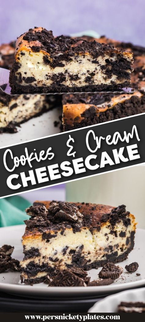 This cookies and cream cheesecake, otherwise known as an Oreo cheesecake is sweet and creamy with an easy homemade Oreo crust. It's made with cream cheese, sugar, eggs, and vanilla for the filling and the entire thing is flecked with crushed Oreo pieces and of course some extra on top! The Best Oreo Cheesecake, Homemade Oreo Cheesecake, Oreo Cheesecake Crust, Easy Oreo Cheesecake, Cheesy Tortellini Bake, Persnickety Plates, Oreo Crust Cheesecake, Cheesy Tortellini, Crushed Oreo