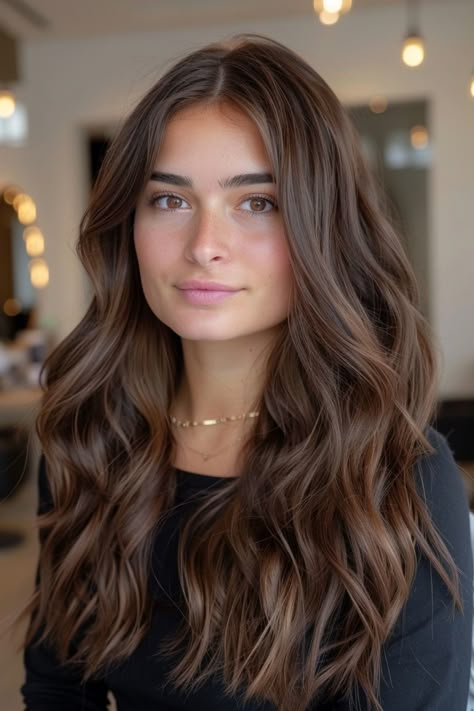 Woman with long wavy brown hair wearing a black top, indoors. Hazelnut Brown Hair Highlights, Brown Medium Hairstyles, Brunette Hair Before And After, True Brown Hair Color, Brunette Hair Without Highlights, Naturally Curly Brunette Hair With Highlights, Mid Length Hair Balayage Brunettes Dark Brown, Dark Brown Hair Golden Undertones, Ashy Brown Hair Olive Skin