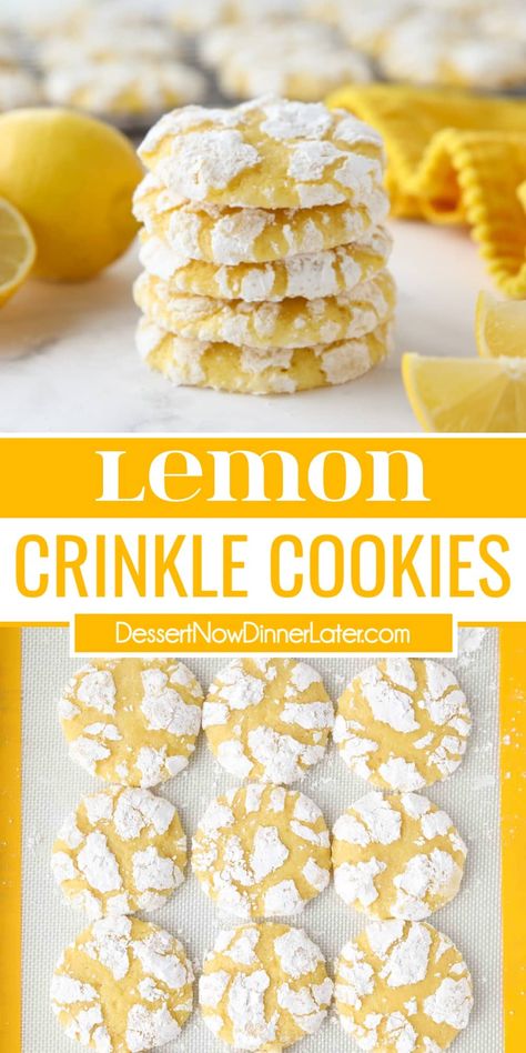 These Lemon Crinkle Cookies are flavored with real lemon zest and juice. They're sweet, tangy, and down right delicious! Citrus Crinkle Cookies, Lemon Kringle Cookies Recipe, Lemon Crinkles Recipe, Lemon Slices Recipes, Chewy Lemon Cookies Recipes, Lemon Kiss Cookies, Lemon Lace Cookies, Lemon Chips Recipes, Lemon Pillow Cookies