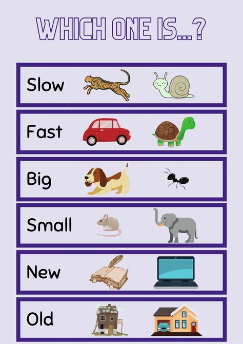 Slow, fast, big, small, new, old worksheet Fast And Slow Worksheet, Fast And Slow Activities Preschool, English Kids Worksheet, Worksheet For Kids, English For Kids, English Games For Kids, Teach English To Kids, Reading Comprehension For Kids, English Worksheets For Kindergarten