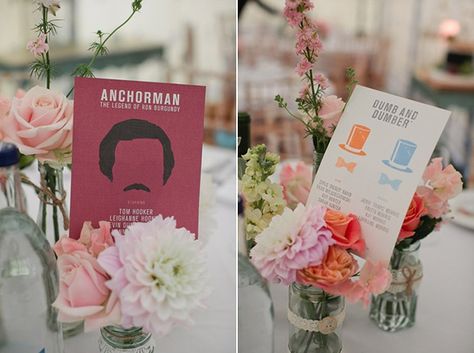 Table Number Alternatives, Sloth Wedding, Wedding Table Planner, Movie Themed Wedding, Movie Wedding, Wedding Table Themes, Wedding Table Seating Plan, Wedding Reception Games, Wedding Table Ideas