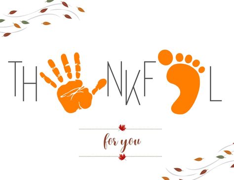 "This \"Thankful\" handprint and footprint craft will be a fun and cute gift for Grandparents or other family members this Thanksgiving season! Download and print this template, paint your baby's hands or feet any color you would like and put it on the template as the 'a' and 'u'. This is a fun Thanksgiving craft to do with your child and give or send to Grandma! WHAT'S INCLUDED: 1 high resolution 8.5 x 11\" PDF file of the \"Thankful\" Template (no handprint or footprints on the template- you add your child's!) RECOMMENDATIONS Print on heavy card stock paper for best results. HOW IT WORKS ~ Once you have purchased this item you will instantly have access to the Etsy download page and you will also receive a download link in your email. ~ Click \"download\" and save the file to your comput Thanksgiving Hand Prints For Toddlers, Baby Hand And Foot Prints Crafts Thanksgiving, Thanksgiving Baby Gifts, Art And Craft For Infants, First Day Of Childcare Craft, Thanksgiving Canvas Art For Kids, November Crafts For One Year Olds, Fall Grandparents Day Crafts, Baby Art Thanksgiving