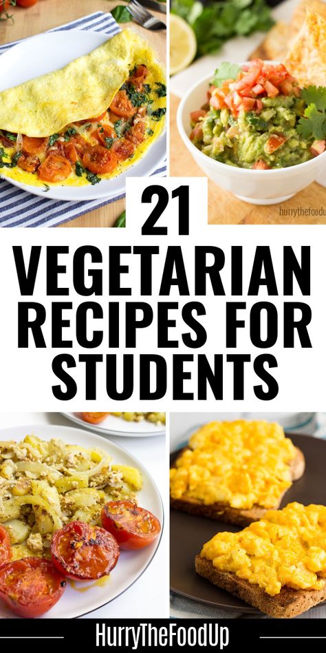 Vegetarian recipes for students are great whether you’re a new college or university student, or just looking for nutritious, quick and filling food on a budget. HurrytheFoodUp brings you a collection of student-inspired recipes that are the perfect place to start when trying to keep food on the cheap. there’s no reason to miss out on any essential nutrients or vitamins. Your brain will thank you for it! #vegetarian #budgetfriendly #cheap #quick #easy #recipes Vegetarian Recipes Non Dairy, Vegetarian Recipes Cheap Easy, Vegetarian College Recipes, Quick And Easy Dinner Recipes Healthy Vegetarian, Quick Vegetarian Dinner Recipes, Vegetarian Recipes Breakfast Easy, Quick Recipes Vegetarian, Easy Cheap Vegetarian Recipes, Frugal Vegetarian Meals