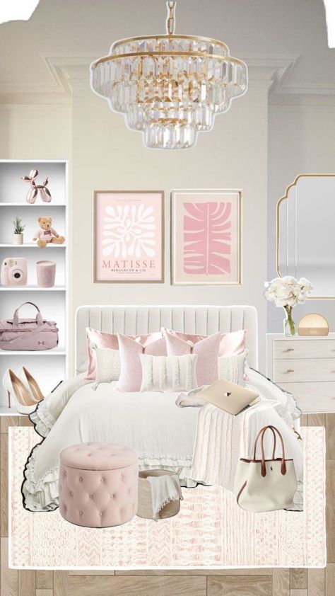 Bedroom Inspirations Pink And Gold, Pink Small Room Ideas, Pale Pink Room Aesthetic, Light Pink And Gold Bedroom, Blush Pink And White Bedroom, Pink Bed Aesthetics, Rich Girl Room Aesthetic, Pink White Gold Bedroom, Pink And White Bedrooms