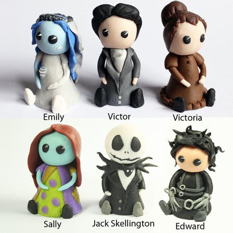 Make your own clay creation Tim Burton Series by DollArtbyJulie Tim Burton Clay Figures, Tim Burton Clay Art, Clay Tim Burton, Fantasy Clay, Nightmare Before Christmas Dolls, Fimo Halloween, Halloween Pasta, Biscuit Ideas, Make Your Own Clay