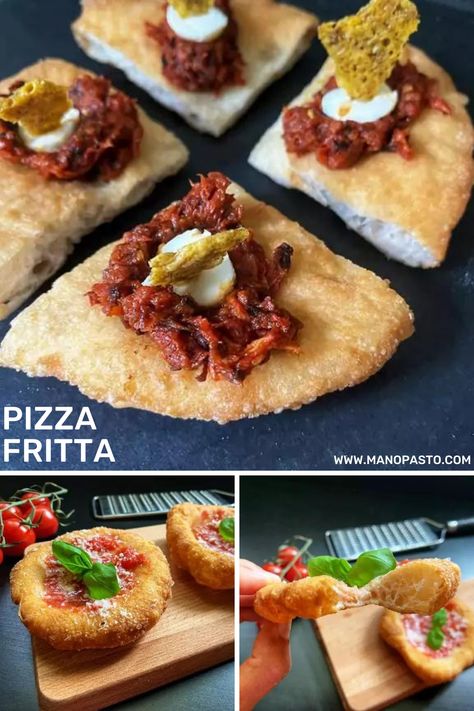 Pizza Fritta is a deep-fried pizza and a street food classic in the streets of Naples. If you want to learn how to create it yourself, follow the link to the recipe or visit our Instagram (@manopasto). Deep Fried Pizza, Fried Pizza, Italian Street Food, Pizza Fritta, Fried Bread, Pizza Style, Leftover Dough, Local Pizza, Pizza Fries