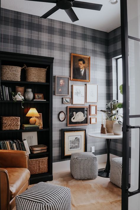 Nesting With Grace, Basement Family Room, Office Wallpaper, Plaid Wallpaper, Small Space Living, Front Room, Home Decor Trends, Ranch House, Sitting Room