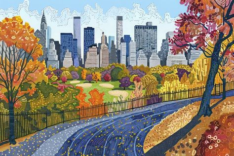 Illustration of central park with new york city view landscape outdoors painting. | premium image by rawpixel.com / nun Central Park Illustration, Outdoors Painting, New York City View, New York Illustration, Skyline New York, Monster Board, New York Painting, View Landscape, Building Exterior