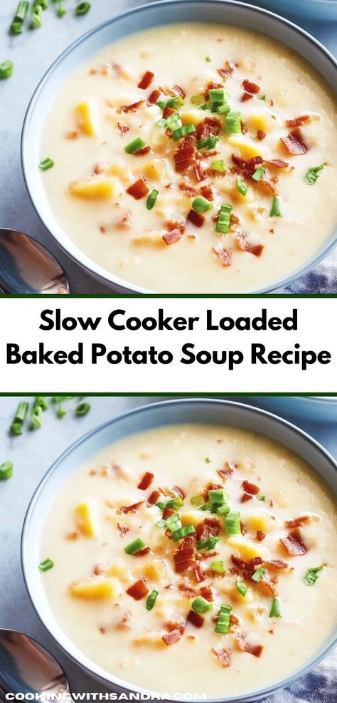 Searching for a quick weeknight dinner? This Slow Cooker Loaded Baked Potato Soup Recipe offers deliciousness with minimal effort. It’s a satisfying choice for busy families, ensuring everyone enjoys a hearty bowl together. Loaded Baked Potato Crock Pot, Crockpot Loaded Baked Potato Soup Recipes, Baked Potato Soup Crock Pot Easy, Loaded Potato Soup Slow Cooker, Loaded Potato Soup Crockpot Easy, Slow Cooker Potato Bacon Soup, Slow Cooker Potatoes Soup, Slow Cooker Loaded Potato Soup, Creamy Crockpot Soup Recipes