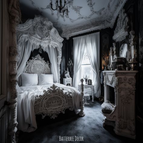 Gorgeous White Gothic Bedroom Gray Gothic Bedroom, Mid Evil Bedroom, Classy Gothic Bedroom, Goth Bedroom Aesthetic Victorian, Gothic Bedroom Victorian, Vampire Bedroom Aesthetic Modern, White Gothic Interior, Goth Bedroom Victorian, Gothic Bedroom Design