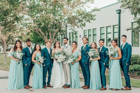 Teal Wedding Ideas Spring, Teal Blue Groom Suit, Teal Tuxedo For Men, Teal Green Groomsmen Attire, Dark Teal Mens Wedding Attire, Navy Blue And Teal Wedding Theme, Dark Teal Groomsmen Attire, Light Teal Wedding Colors, Teal Wedding Groomsmen