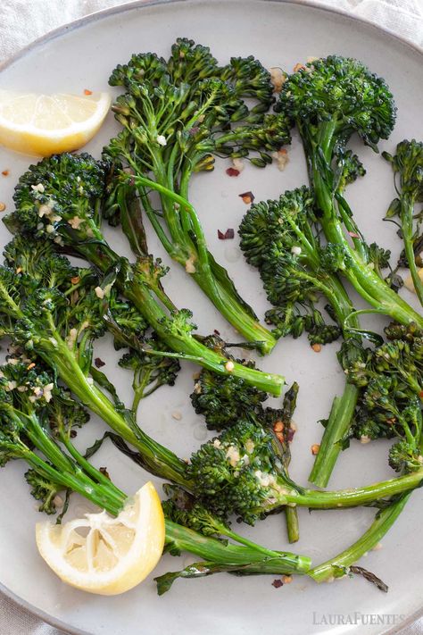 Simple Roasted Broccolini that's Restaurant-Worthy | Laura Fuentes Brocolini Recipes Roasted, Oven Roasted Broccolini Recipe, Broccolini Recipe Side Dishes, Broccolini Roasted, Brocollini Recipes, Roasted Broccolini Recipe, Brocolini Recipes, Broccolini Recipe, Roasted Broccolini