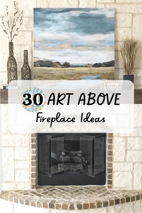 The area above a fireplace mantel is full of opportunities to showcase your personality. Using art above fireplace will instantly add a layer of pizzazz to the space. Mantle Decorating Ideas With Art, Mantle Decor Artwork, Pictures For Above Fireplace, Fireplace Mantle With Large Picture, Mantle With Artwork, Wood Wall Art Above Fireplace, Fireplace Wall Decor Ideas Modern, Artwork On Fireplace Mantle, Paint Wall Above Fireplace