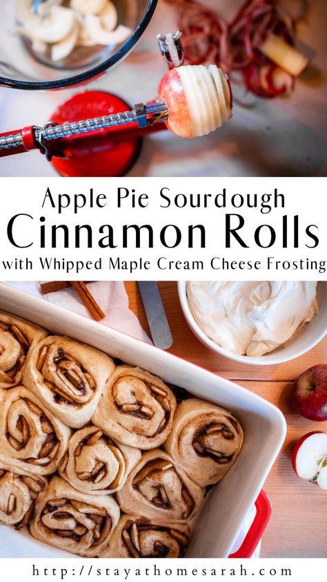 These delicious spiced apple pie sourdough cinnamon rolls are seriously so delicious. Topped with a whipped maple cream cheese frosting, these aren’t your average cinnamon rolls. The fermentation process not only makes them healthier, but also adds another layer of flavor that pairs so well with the sweetness. You have to add these to your table this fall! Apple Sourdough Cinnamon Rolls, Sourdough Apple Fritters, Apple Cinnamon Sourdough Bread, Sourdough Apple Recipes, Apple Cinnamon Sourdough, Sourdough Apple, Sourdough Discard Apple, Active Sourdough Recipes, Apple Pie Sourdough Cinnamon Rolls