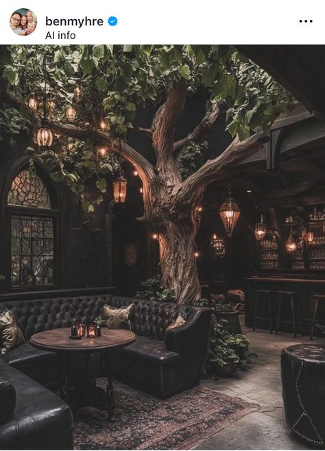 Outdoor Speakeasy, Speakeasy Interior, Spooky Speakeasy, Gothic Cafe, Gothic Bar, Dark Restaurant, Rooftop Restaurant Design, Indoor Outdoor Dining, Cozy Coffee Shop