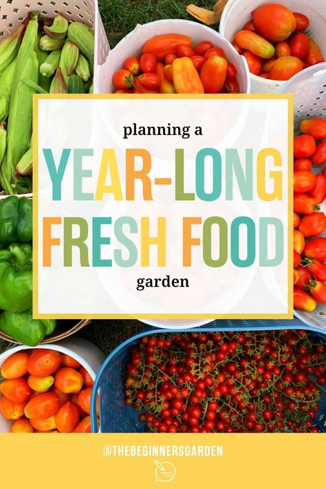 year-long fresh food garden Home Fruit And Vegetable Garden, Garden Fruits And Vegetables, Vegetables That Grow All Year Round, 1st Time Vegetable Garden, Planting Season Chart Vegetable Garden, Fruit And Vegetable Growing Seasons, Types Of Watermelon, Keeping Produce Fresh Longer, Garden Planning Layout