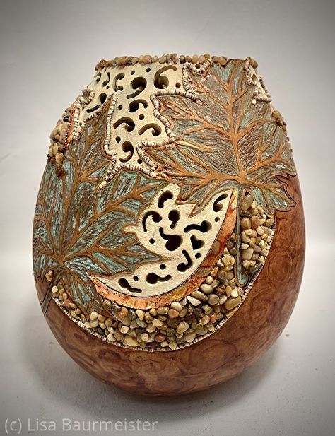 Maple Leaves W/ Pebbles, Mix Media Gourd (SOLD) by Lisa Baurmeister, Mix Media, 9inches x 61/2inches x 7inches Filigree Carving, Gourds Diy, Fall Gourds, Gorgeous Gourds, Clock Flower, Rajasthani Art, Gourds Birdhouse, Decorative Gourds, Gourds Crafts