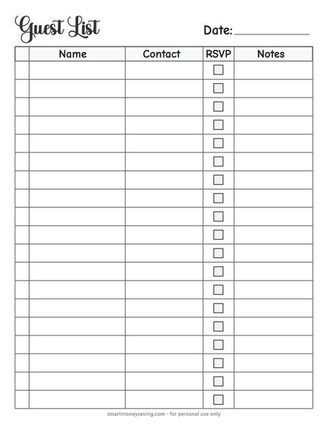 Party Guest List Template Party Guest List Template, Guest Checklist, Guest List Template, Checklist Template, The Guest, List Template, Guest List, Party Guests, Wedding Reception