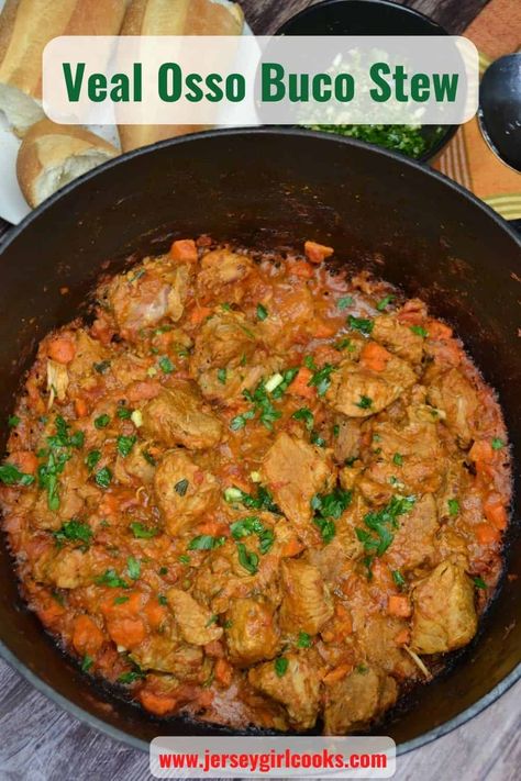 A pot of veal osso buco stew. Veal Chunks Recipe, Veal Stew Recipes Slow Cooker, Veal Stew Meat Recipes, Veal Osso Bucco Recipe, Veal Stew Recipes, Easy Veal Recipes, Veal Cutlet Recipes, Crockpot Recipes Soup, Easy Dinner Recipes For Beginners