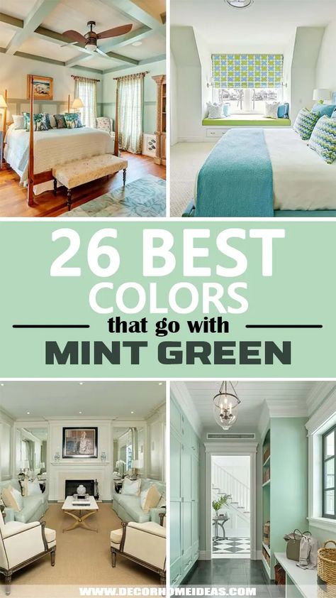 Best Colors That Go With Mint Green. Ever wondered what colors go well with mint green? We have made the perfect selection of colors matching great with mint green for each room - bedroom, living room, bathroom, entryway, and more. #decorhomeideas Paint Colors That Go With Mint Green, Mint Green Fireplace, Mint Green Rooms Bedroom, Mint Green And Gold Bedroom, Mint Color Bathroom Ideas, Curtains For Mint Green Walls, Mint Green Living Room Ideas Modern, Mint Furniture Living Room, Accent Colors For Mint Green