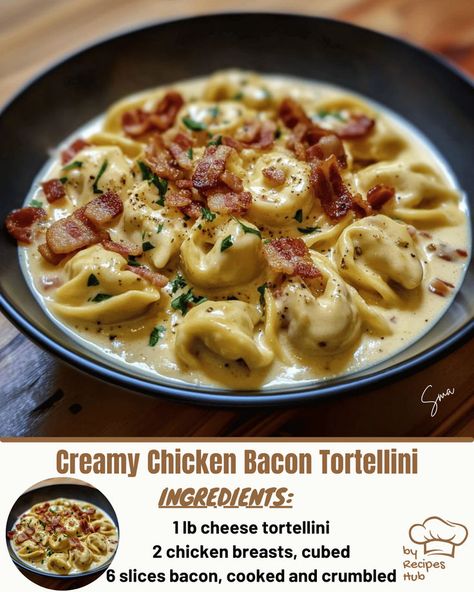 Creamy Chicken Bacon Tortellini Creamy Bacon Tortellini, Chicken Bacon Ranch Tortellini Crockpot, Chicken Bacon Tortellini Recipes, Chicken Cheese Tortellini Recipes, Chicken Bacon Tortellini, Meals With Tortellini, Bacon Tortellini Alfredo, Tortolini Recipes, Tortolini Recipe