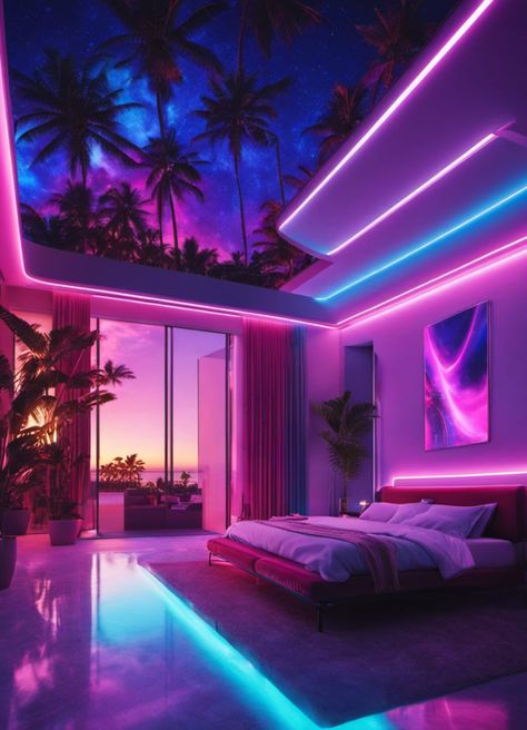 A bedroom with neon lights and palm trees Miami Aesthetic Interior Design, Vaporwave Bedroom Aesthetic, Neon House Aesthetic, Vaporwave Interior Design, Vapor Wave Room, Vaporwave Apartment, Aesthetic Bedroom Neon, Synthwave Bedroom, Vaporwave Aesthetic Bedroom