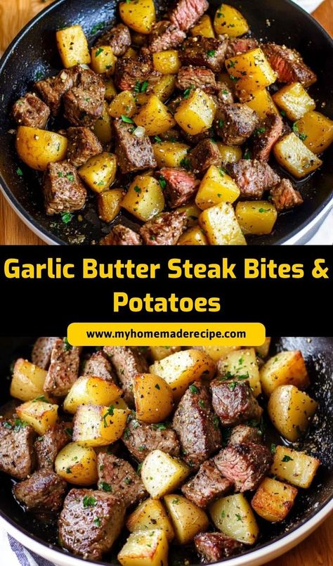 Craving something delicious? Try these Garlic Butter Steak Bites with crispy potatoes! This dish is super easy and packed with flavor. The steak bites are tender and drenched in rich garlic butter truly mouthwatering! Pair them with your favorite veggies for a satisfying meal that your family will rave about. #GarlicButterSteakBites #SteakDinner #QuickDinner #EasyRecipes #ComfortFood