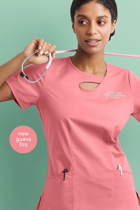 Female medical professional wearing the UA Butter-Soft STRETCH Women's 2-Pocket Asymmetric Keyhole Scrub Top in the color Guava Fizz Nurse Style Scrubs Fashion, Scrub Suit Design, Scrubs For Women, Stylish Scrubs, Scrubs Medical, Medical Scrubs Outfit, Scrubs Dress, Pink Scrubs, Doctor Outfit