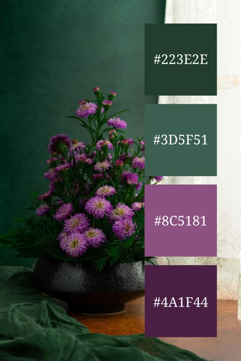 A charming arrangement of asters in a dark ceramic pot, set against a muted green background. The dark purple and green color palette enhances the cozy and refined atmosphere, perfect for a stylish interior. Fall Green Color Palette, Dark Green Palette Colour Schemes, Dark Green Complementary Color Palette, Lavender And Green Color Palette, Fern Green Color Palette, Dark Forest Color Palette, Dark Green And Dark Purple Wedding, Lavendar Color Palette, Dark Purple Colour Palette