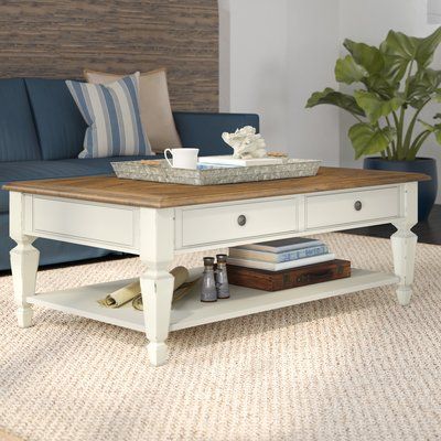 Beachcrest Home Topsfield Coffee Table with Storage White And Wood Coffee Table, Modern Farmhouse Coffee Table, Farmhouse Makeover, Dreamy Decor, Sunroom Ideas, Coffee Table Farmhouse, Rolled Arm Sofa, Books Photo, Solid Wood Coffee Table