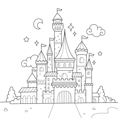 Castle Drawing Easy, Disney Castle Drawing, Fairytale Drawings, Drawing Angel, Apple Pencil Drawing, Castle Sketch, Drawing Apple, Castle Coloring Page, Beginner Sketches