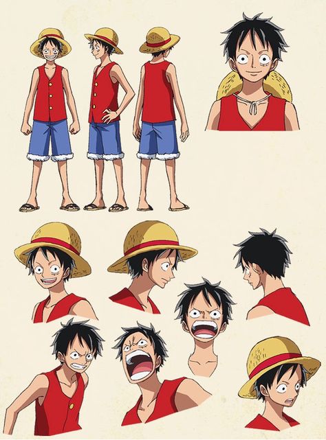 Monkey D. Luffy sheet, Official reference, Settei Luffy Official Art Manga, Luffy From One Piece, Luffy Reference Sheet, One Piece Reference Sheet, Luffy Pose Reference, Luffy Hairstyle, Luffy Concept Art, One Piece Drawing Style, How To Draw One Piece Style