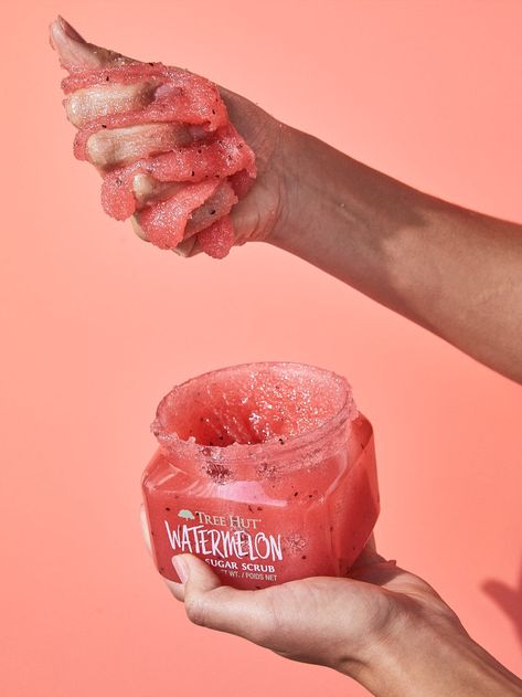 Body Scrub Photoshoot, Body Care Photography, Body Scrub Photography, Scrub Photography, Tree Hut Watermelon, Skincare Ugc, Shea Sugar Scrub, Skincare Products Photography, Cosmetic Packaging Design