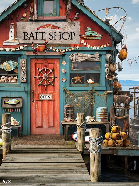 Coastal Bait Shop Photography Backdrop - A charming bait shop with weathered teal and red paint Miniature Fishing Shack, Ice Fishing Shack Interior Ideas, Fishing Shack Ideas, Bait Shop Ideas, Fish Shop Design, Old Beach House Aesthetic, Maine Summer Aesthetic, House Boat Interior, Fisherman House