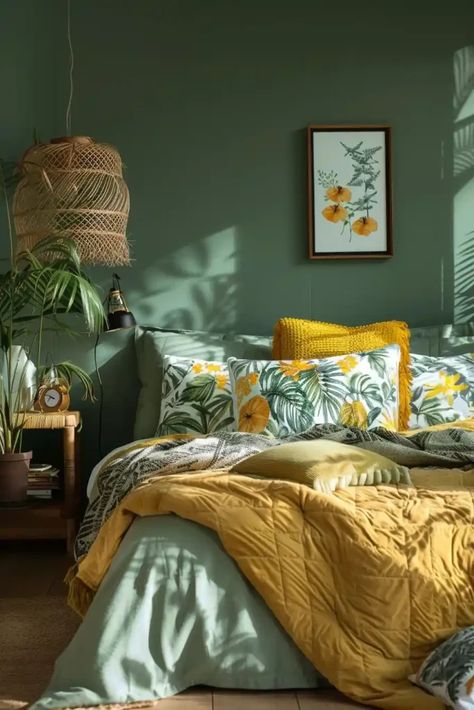 Yellow And Sage Green Bedroom, Sage And Yellow Bedroom, Sage Green And Gold Bedroom, Green Yellow Bedroom, Calming Bedding, Yellow And Green Bedroom, Green And Yellow Bedroom, Green And Orange Bedroom, Bedroom Color Scheme Ideas