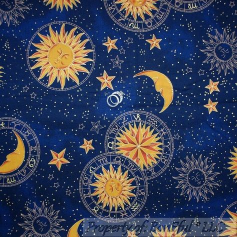 BonEful Fabric FQ Cotton Quilt Navy Blue Gold VTG Celestial Moon Star Sun Planet Ravenclaw Aesthetic, Gold Aesthetic, Celestial Art, Sun Moon Stars, British Library, Space And Astronomy, Sun And Moon, Ravenclaw, Kingdom Hearts