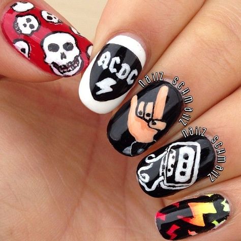 musical themed nail art Rock Band Nail Designs, Ac Dc Nails, Music Themed Nails, Acdc Nails, Vaycay Nails, Nail Men, Rock Nail Art, Music Nail Art, 1975 Art