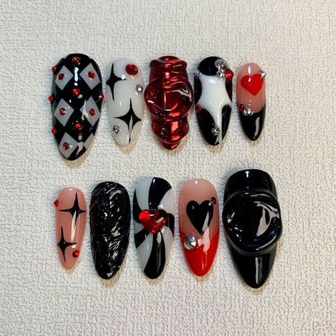 Best Sellers Mcr Inspired Nails, Dark Gothic Nails, Dark Grunge Nails, Scene Queen Nails, Motley Crue Nails, Dark Red Heart Nails, Black White Red Nails, Red Black And White Nails Design, Dark Red And Black Nails