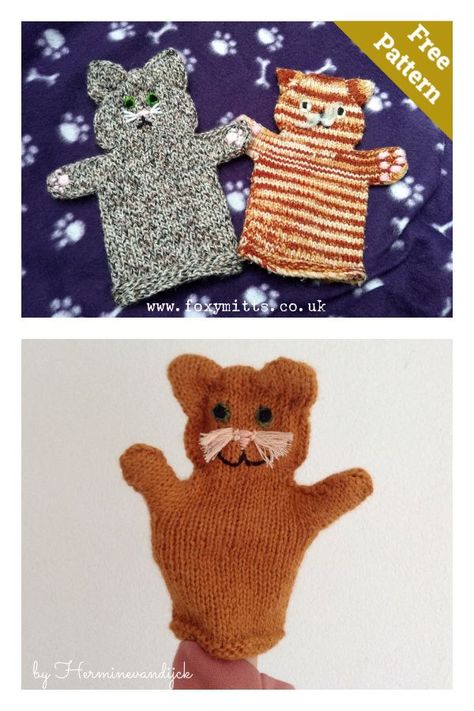 Cat Hand Puppet Free Knitting Pattern Felt Hand Puppets Pattern Free Printable, Hand Puppets For Kids, Stuff Toy, Knitted Dolls Free, Animal Hand Puppets, Finger Puppet Patterns, Making Toys, Glove Puppets, Puppets For Kids