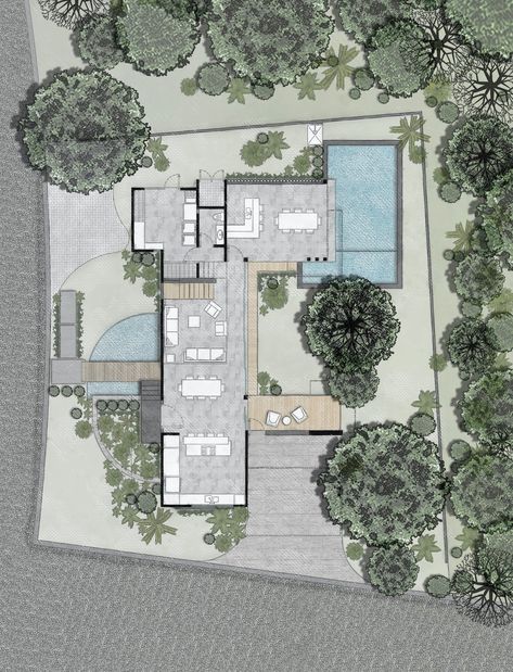 Brutalist House Plan, Residence Plan Architecture, U Shape House, Safe House Design, Floor Plan Architecture, Modern Asian House, Brutalist House, U Shaped Houses, Residence Architecture