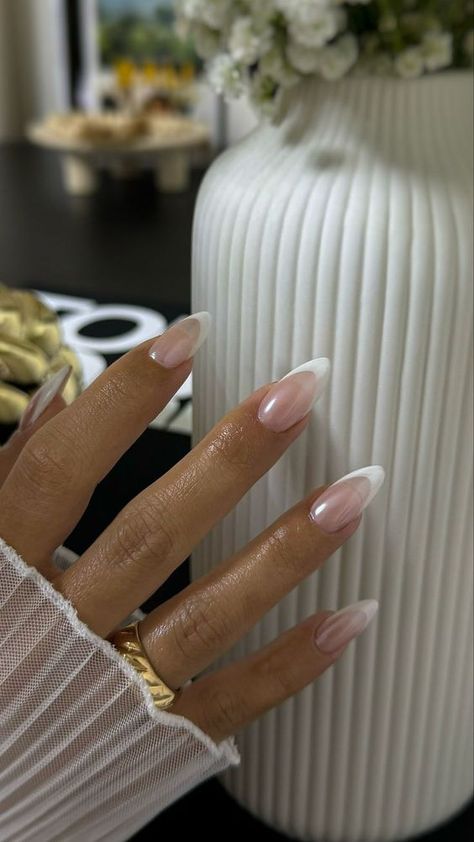 Bride French Tip Nails Wedding, French Tip Acrylic Nails Almond Chrome, French Mani Acrylic, Bride Pedicure Ideas, French Tip Bride Nails, Classy Almond Shaped Nails, French Ombre With White Chrome, Wedding Nails Inspo For Bride, Bride French Tip Nails