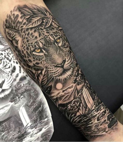 Leopard Tattoos Men, Jaguar Jungle Tattoo, Jaguar Tattoo Leg, Jungle Theme Leg Sleeve, Jaguar Sleeve Tattoo, Leopard Tattoo Men, Panther Tattoo Men, Jaguar Chest Tattoo, Jaguar Tattoo Men