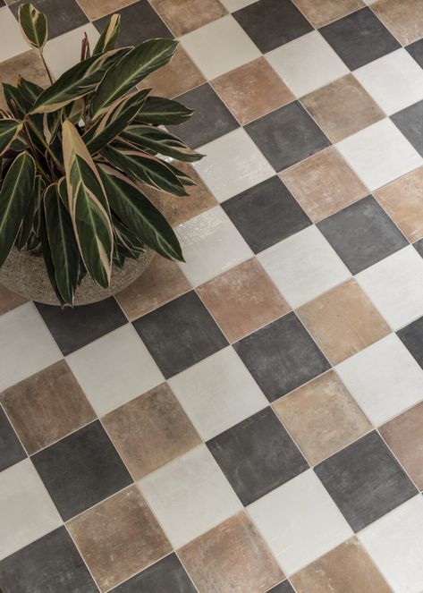 Valencia White Gloss Terracotta Effect Porcelain Tile Traditional Tiles Bathroom, Plaid Tile Floor Bathroom, Bedrosians Bathroom Tile, Brown Checkered Tile Floor, Terracotta Checkerboard Floor, Modern Mediterranean Flooring, Fun Mudroom Tile, Sunroom Tile Floor Ideas, Mixed Tile Bathroom