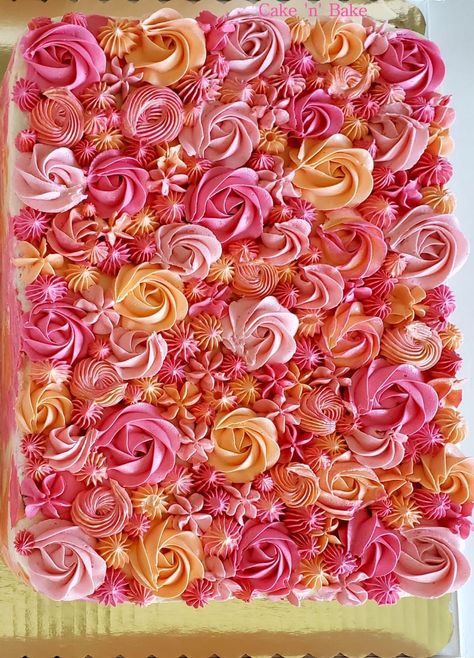 Vanilla sheet cake decorated with dark pink, light pink and peach colored rosettes. Sheet Cake With Rosettes, Rosette Sheet Cake, Pink Sheet Cake, Orange Color Cake, Sheet Cake Decorated, White Rosette Cake, Vanilla Sheet Cake, Pink Rosette Cake, Sheet Cakes Decorated