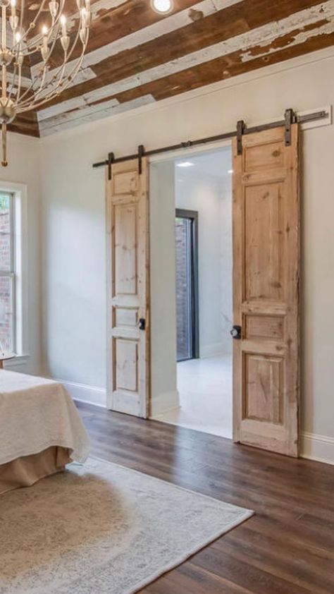 Hallway Into Bedroom, French Sliding Barn Doors, Extra Wide Hallway Ideas, Primary Bedroom Double Doors, Cottage Sliding Doors, Vintage Sliding Door, Double Barn Doors In The House, French Barn Doors Interior, Double Barn Doors Sliding