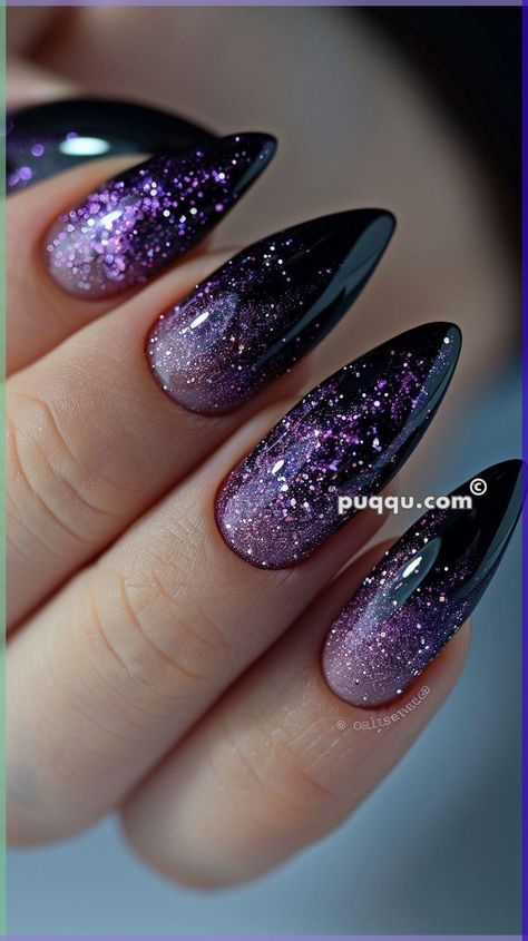 Purple Black Nail Art, Dark Purple And Blue Nails, Nails For Prom Purple, Dark Purple Sparkly Nails, Dark Purple And Silver Nails, Purple And Black Nail Ideas, Purple Manicure Ideas, Elegant Purple Nails, Nails Inspiration Purple