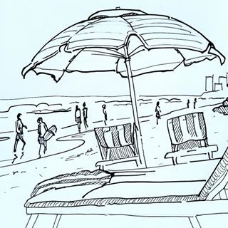 Marseille, Beach Pencil Sketch, Beach Pen Drawing, Drawing Beach Scenes, Beach Illustration Drawing, Beach Drawing Reference, Beach Scenes Drawing, A Beach Scene Drawing, Beach Scene Sketch