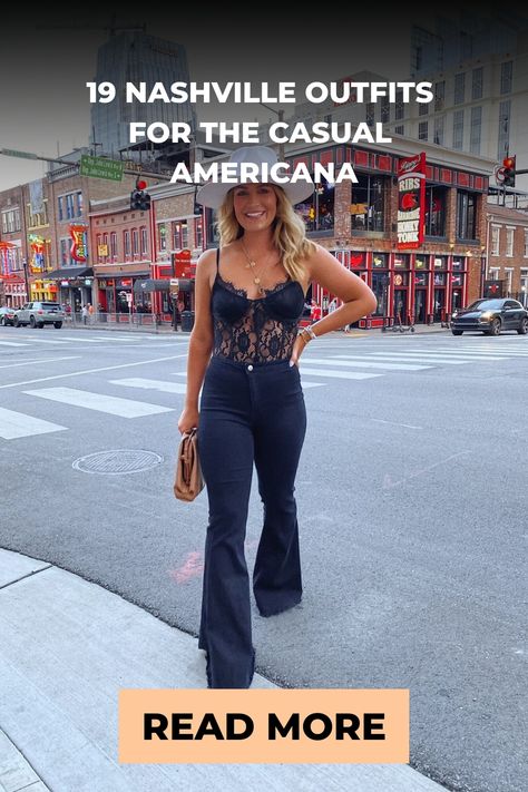 Woman in a lace top and flared jeans on a Nashville street, with text overlay "19 Nashville Outfits For The Casual Americana" and a prompt to "Read More". Cute Nashville Outfits Fall, Grand Ole Opry Outfit Ideas, Nashville November Outfits, Nashville Night Outfits, Nashville Outfits Going Out Winter, Nashville Tn Outfits, Nashville In December Outfits, Nashville Outfits 50 Year Old, Nashville Outfits Fall Night Going Out