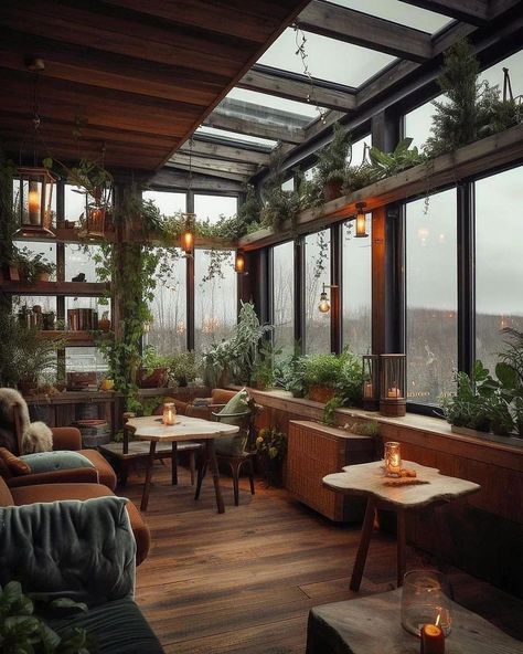 Earthy Sunroom Ideas, Green House Apartment, Apothecary Sunroom, Moody Cozy Aesthetic, Modern Academia Interior Design, Rooftop Library, Earthy Sunroom, Rooftop Sunroom, Moody Sunroom